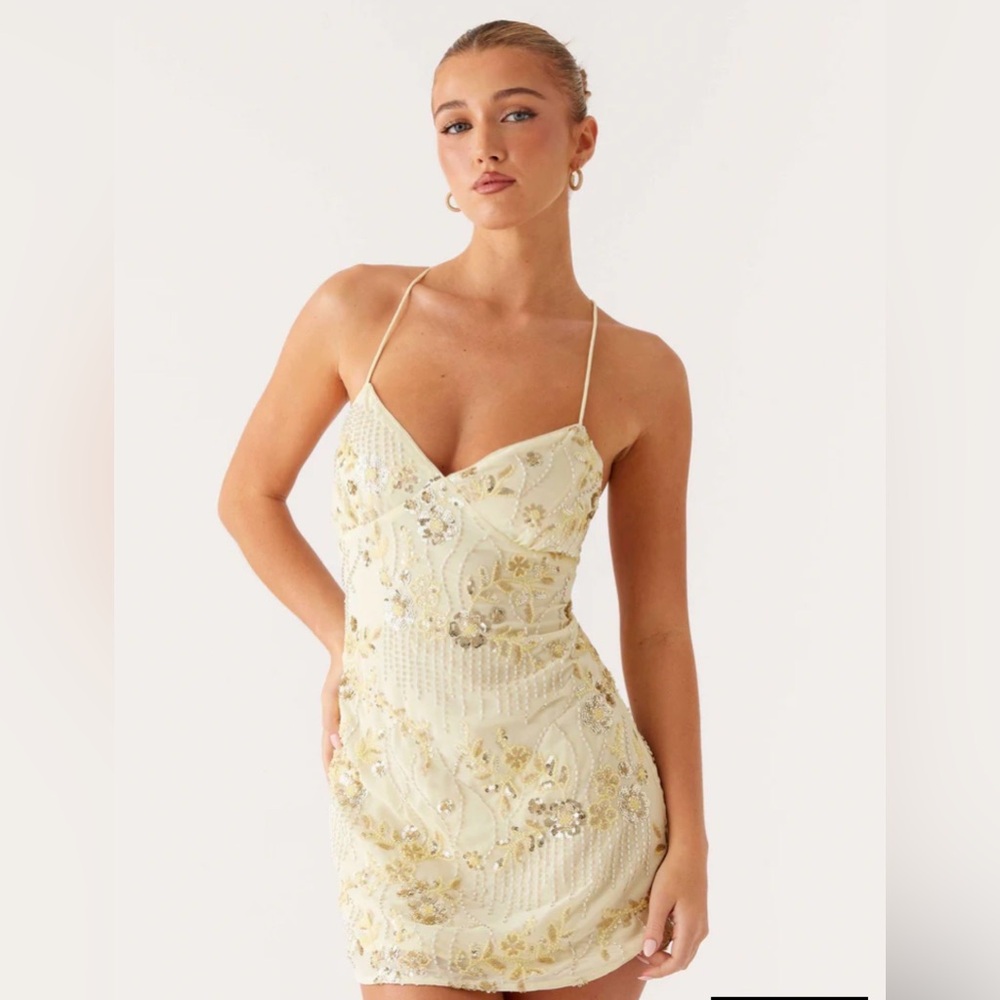 Peppermayo light Yellow Floral Sequin Mini Dress